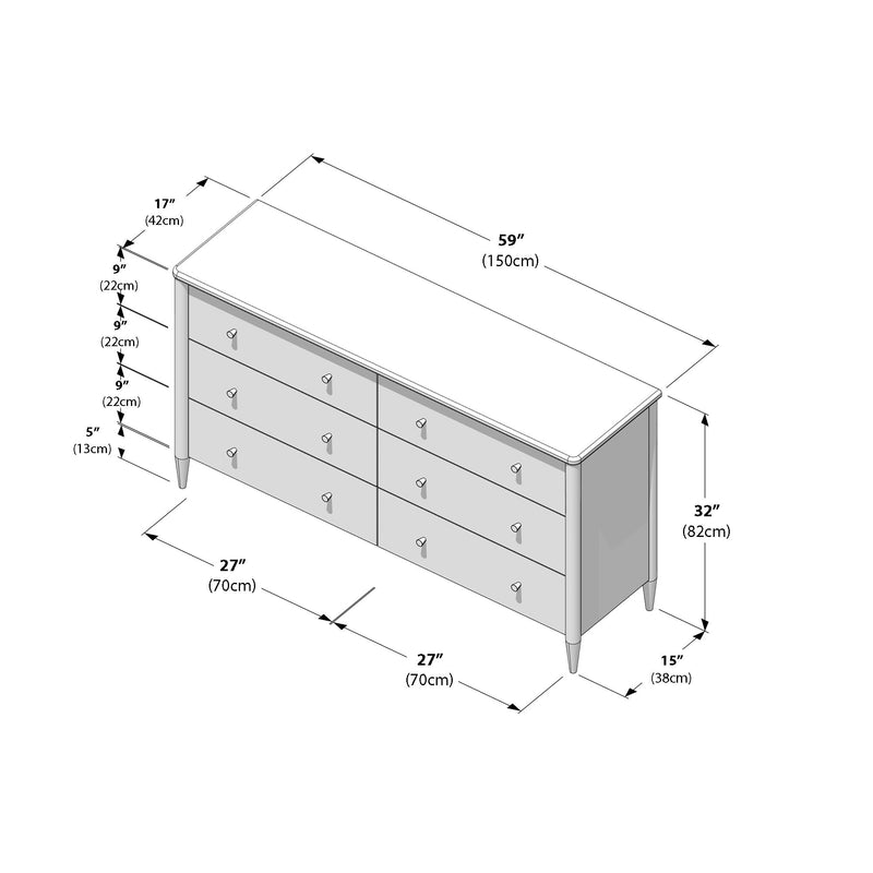 Technical diagram of a six-drawer dresser with dimensions labeled — 59 in (150 cm) wide, 32 in (82 cm) high, 15 in (38 cm) deep, two columns of three drawers (each column ~27 in/70 cm) with 9 in (22 cm) drawer heights.