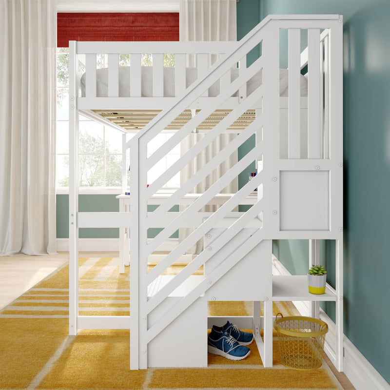 White loft bed with staircase and under-bed storage in a modern kids' bedroom with teal accent wall, large window with red roman shade, white curtains, yellow striped rug, blue sneakers and potted succulent