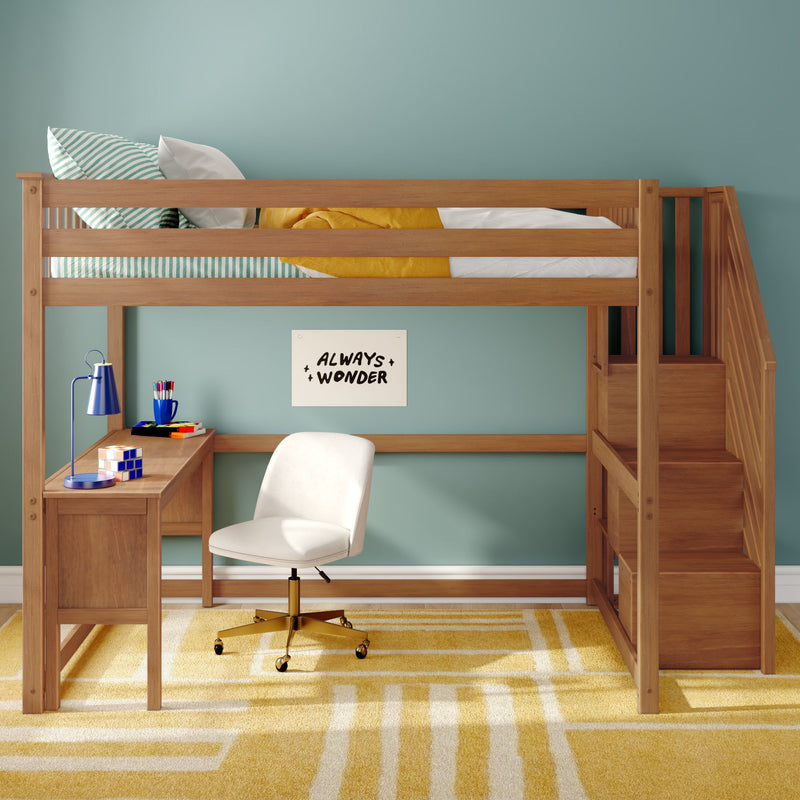 Wooden loft bed with built-in desk and stairs in kids bedroom, turquoise wall, yellow rug, striped pillow and yellow blanket, white swivel chair and blue desk lamp study nook