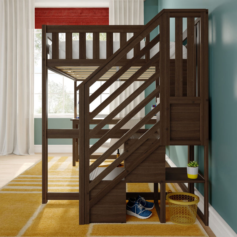 Dark wood loft bed with diagonal slatted staircase and built-in storage, teal bedroom wall, yellow area rug, white curtains, red roman shade and blue sneakers underneath.