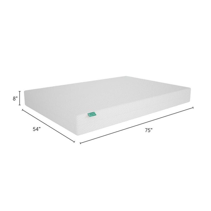 Full-size 8-inch foam mattress with white textured breathable cover, 54 x 75 x 8 inches, low-profile bed mattress for guest room or dorm