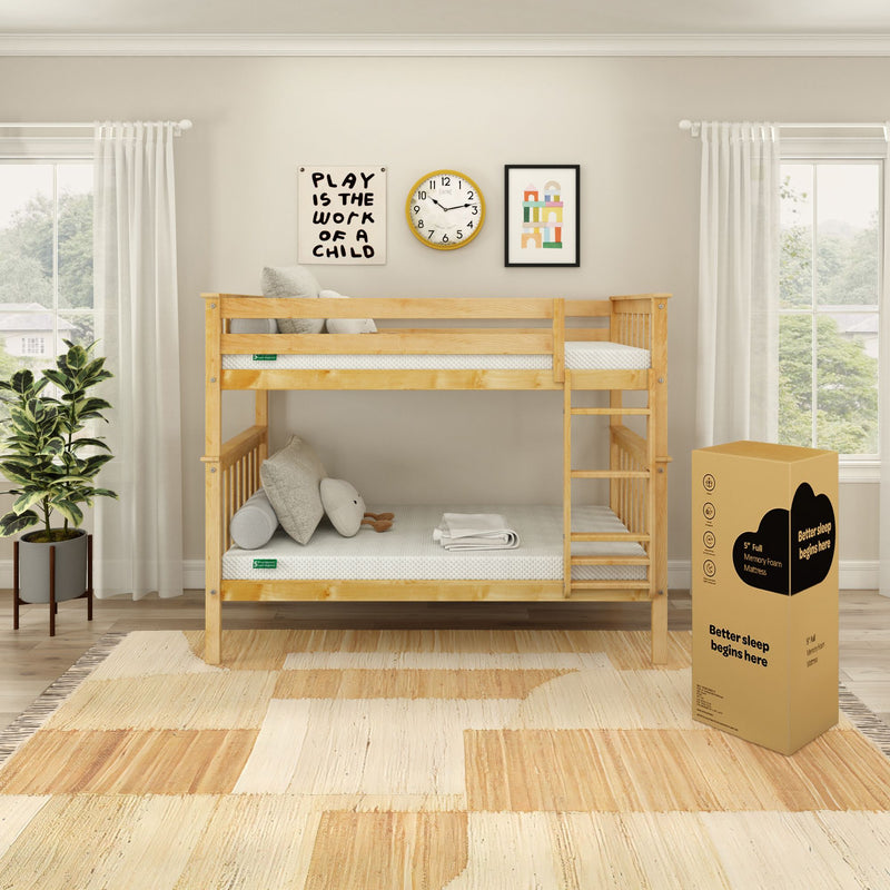 Natural wood twin bunk bed in bright children's bedroom with boxed memory foam mattress, neutral decor, wall clock, framed art, plant and area rug