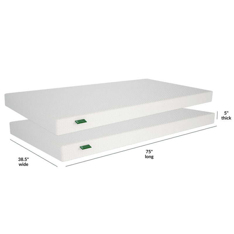 Stacked white twin foam mattresses 5-inch thick (38.5 x 75 in) with textured breathable cover — twin mattress topper ideal for dorms, guest rooms and RV beds