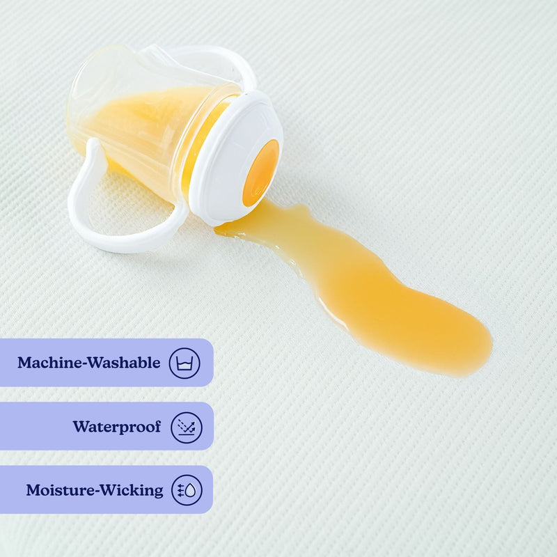 Baby sippy cup spilled orange juice on a waterproof, machine-washable, moisture-wicking mattress protector showing easy cleanup and stain protection