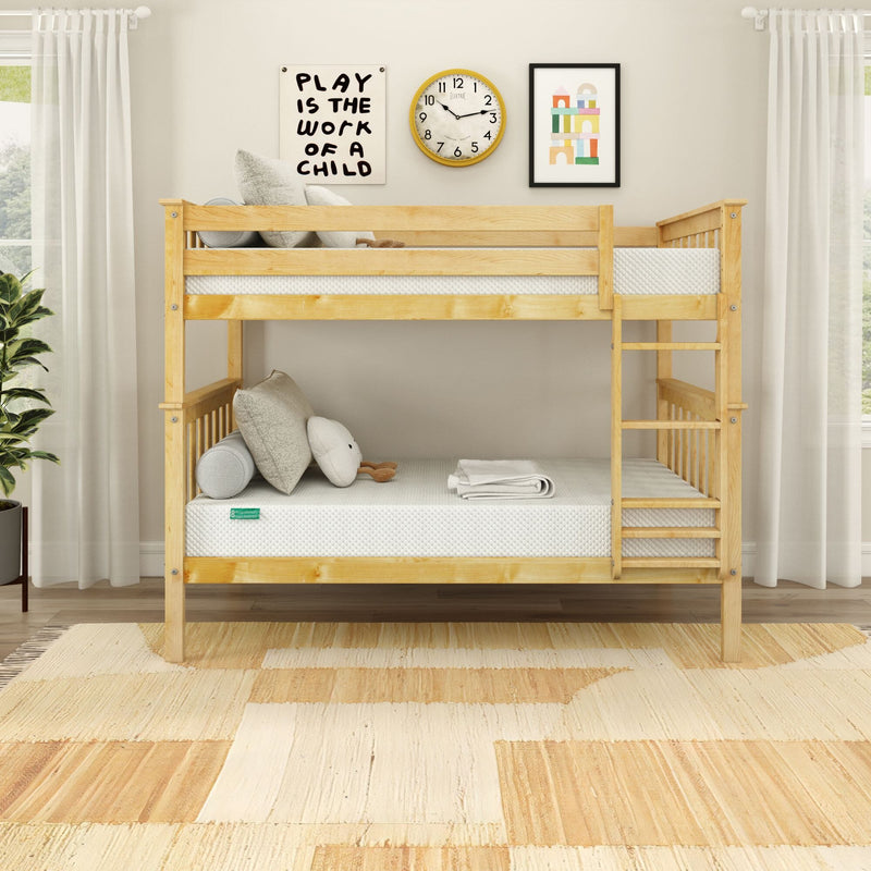 Natural pine twin bunk bed in modern kids' bedroom with ladder, neutral bedding and pillows, playful wall art, clock, sheer curtains and rug