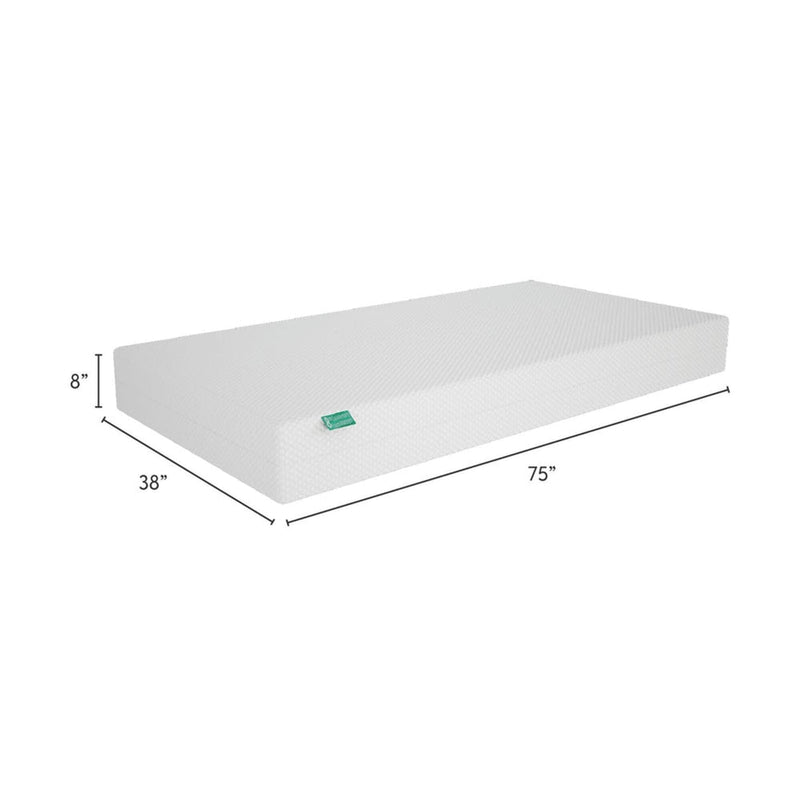 8-inch twin mattress with textured white cover and green label, dimensions 75 x 38 x 8 inches