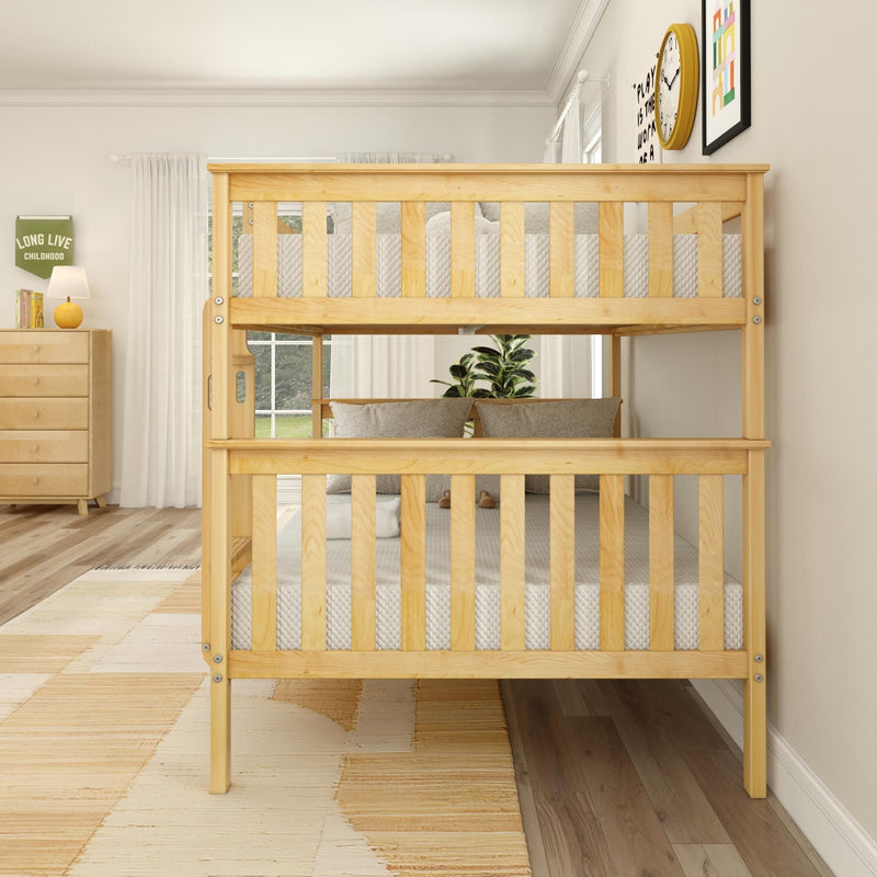 Light natural wood twin-over-twin bunk bed in bright modern kids bedroom with neutral bedding, wooden dresser, rug and wall art