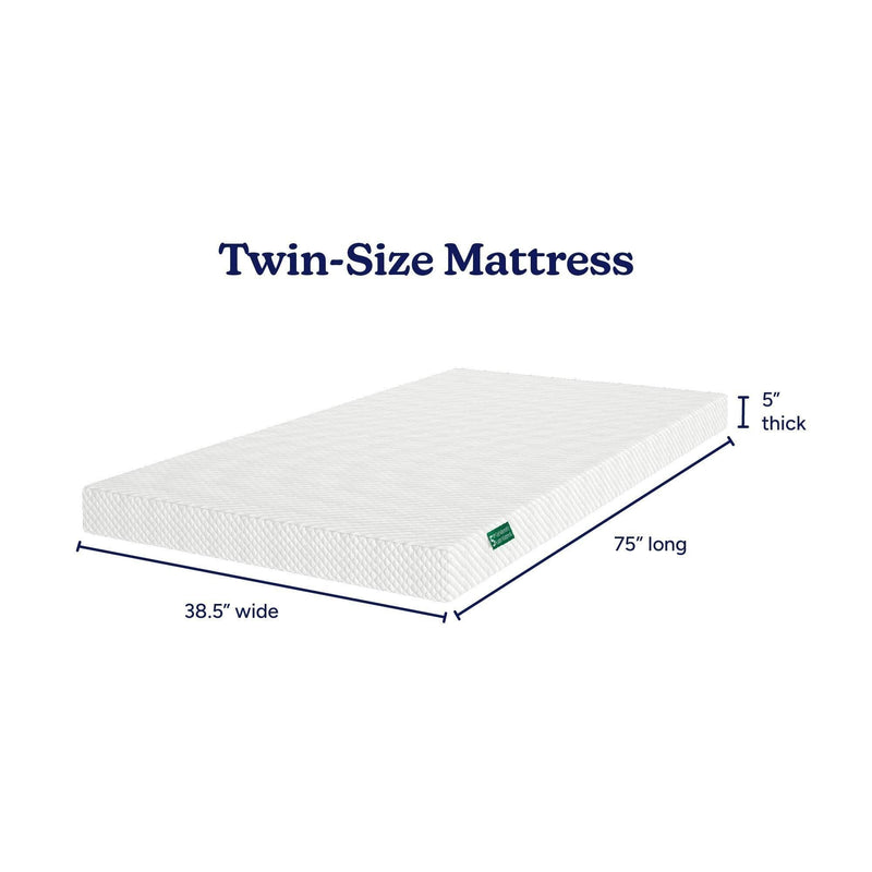 Twin-size mattress with white quilted cover, low-profile 5-inch thickness, dimensions 38.5" x 75", compact twin mattress ideal for bunk beds, trundle beds, RVs and guest rooms