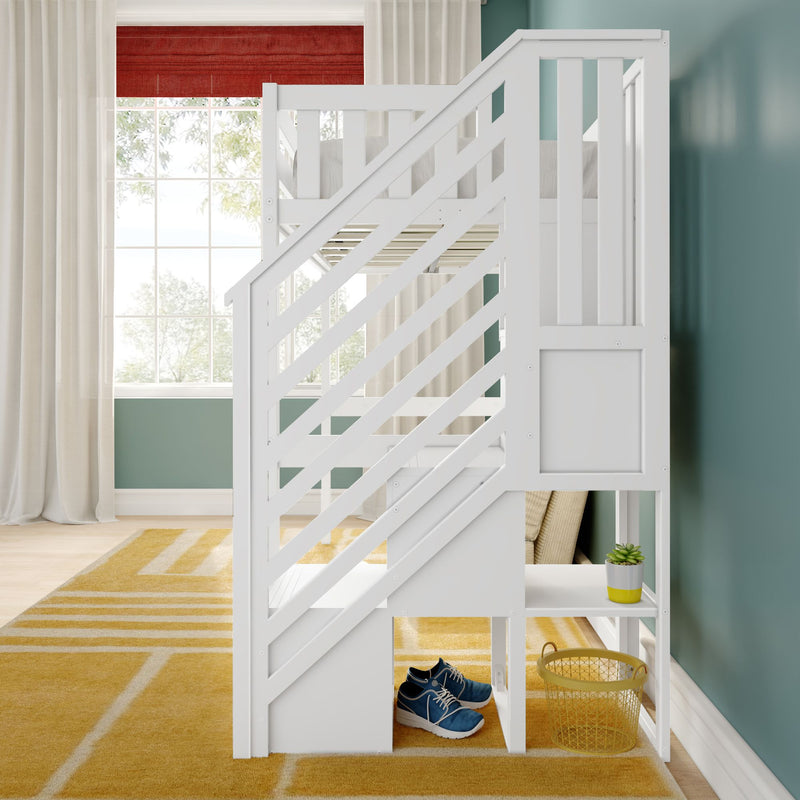 White loft bunk bed with stairs in modern children's bedroom, teal accent wall, large window with red Roman shade, yellow striped rug and under-bed storage with shoes and potted succulent