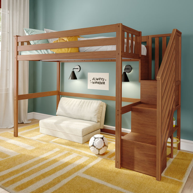 Wooden loft bunk bed with staircase storage in kids' room, teal wall, yellow striped rug, patterned pillows and soccer ball