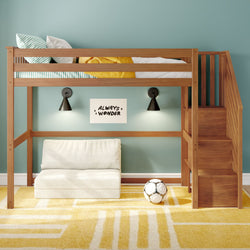 Kids wooden loft bed with stairs in modern children's bedroom, teal wall, yellow geometric rug, white floor cushion, soccer ball and black wall lamps creating a cozy play and reading nook