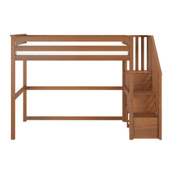 Warm walnut wooden twin loft bed with safety rails and built-in staircase, space-saving elevated bed frame ideal for kids' bedroom