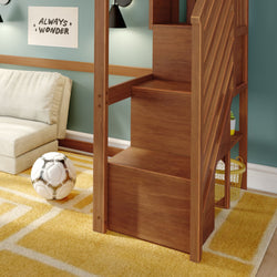 Wooden loft bed with built-in storage stairs in kids' room, yellow geometric rug, soccer ball and teal wall with "Always Wonder" poster