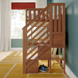 Wooden loft bunk bed with built-in staircase storage in modern kids' bedroom, yellow geometric rug, teal accent wall, large window, potted succulent and blue sneakers