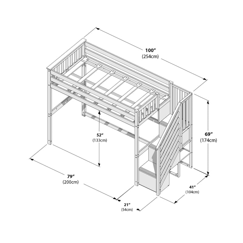 Loft bed with built-in storage stairs and guardrails, wooden raised twin loft bed frame assembly diagram showing dimensions 100" (254cm) length × 79" (200cm) depth × 69" (174cm) height and 52" (133cm) under-bed clearance, ideal kids loft bed