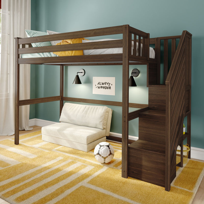 Space-saving dark wood loft bunk bed with stairs in teal kids' bedroom, yellow rug, soccer ball and wall reading lamps