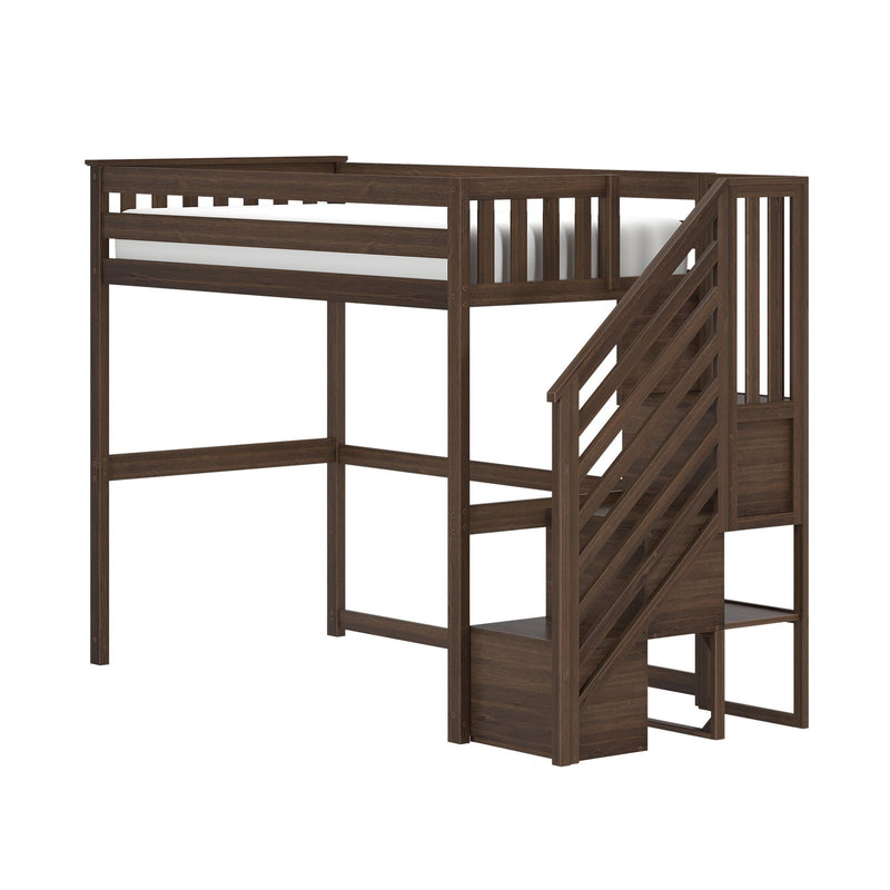 Dark brown wooden loft bed with staircase and built-in storage drawers, elevated twin-size bed frame with guardrails for kids' bedroom and space-saving loft setup