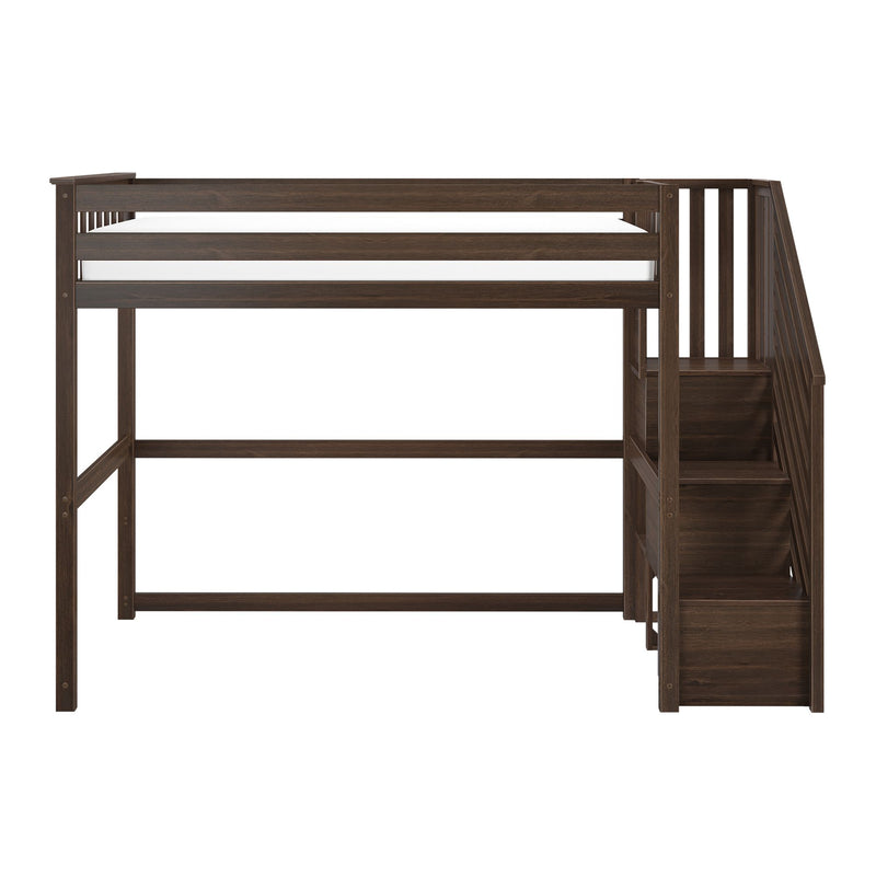 Dark brown wooden twin loft bed with built-in staircase and storage, espresso finish, space-saving elevated frame with guardrails for kids' bedroom