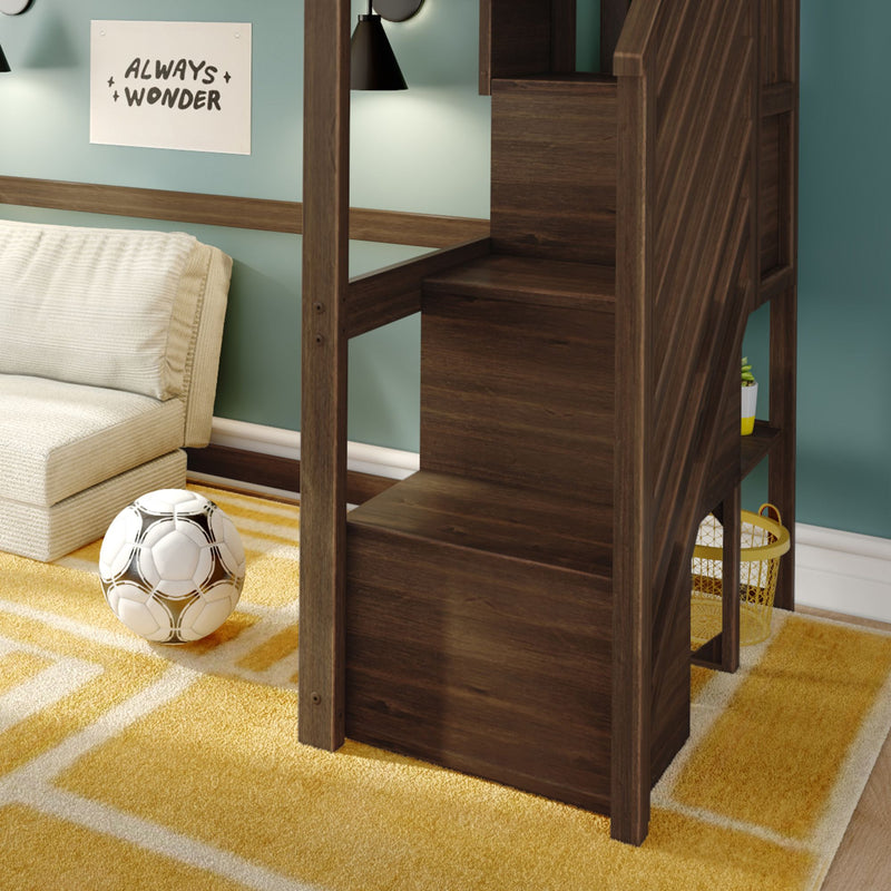 Kids bedroom with dark wood loft bed stairs and built-in storage, yellow geometric rug, beige sofa, white soccer ball and mint green wall art