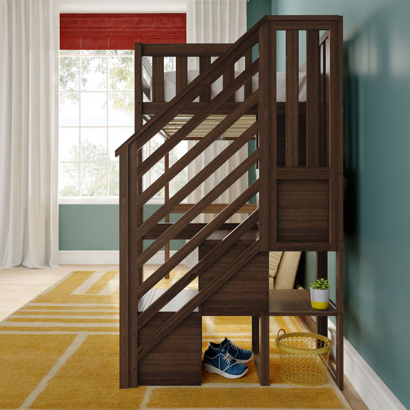 Dark wood loft bunk bed with built-in staircase and under-stair storage in modern kids' bedroom with teal accent wall, yellow geometric rug, sneakers and potted succulent