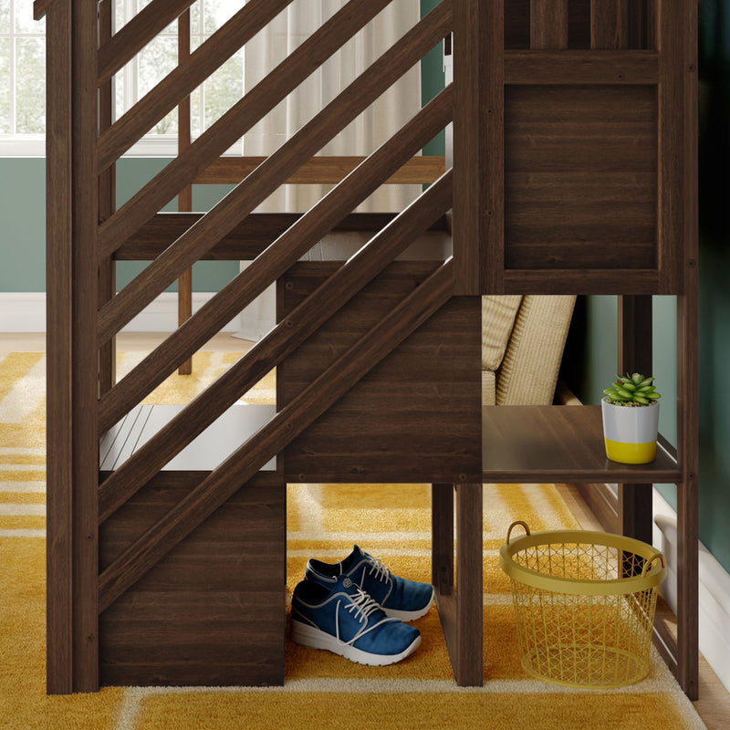 Dark walnut loft bed with built-in storage cubbies, blue athletic shoes tucked underneath, yellow wire basket and small potted succulent on a mustard-yellow rug