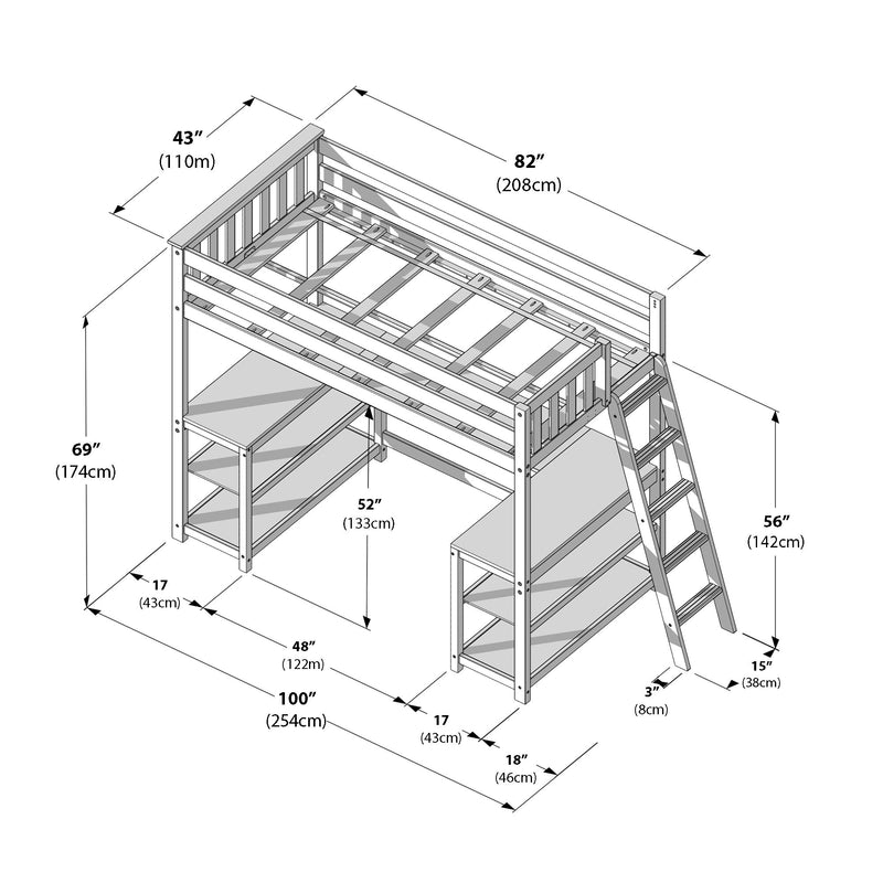 Loft bed dimensional diagram showing twin-size elevated bed with built-in desk and shelving, angled ladder and safety rails — measurements labeled in inches and centimeters (82″ length, 43″ width, 69″ height, 52″ under-bed clearance).