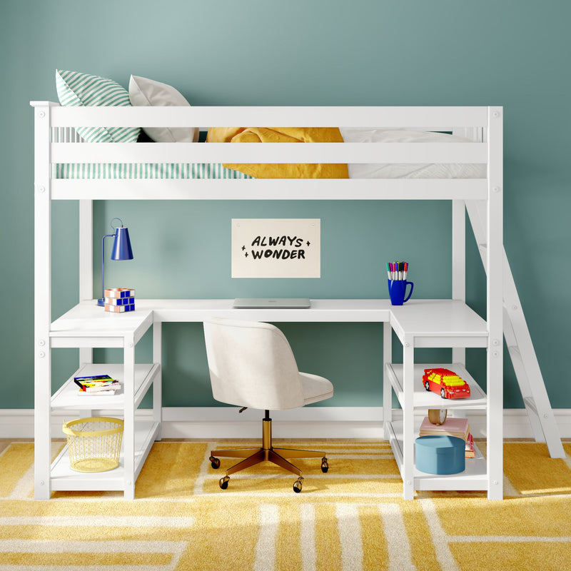 White children's loft bed with built-in L-shaped desk and swivel chair study nook, blue lamp, toy storage and colorful accessories against teal wall and yellow rug