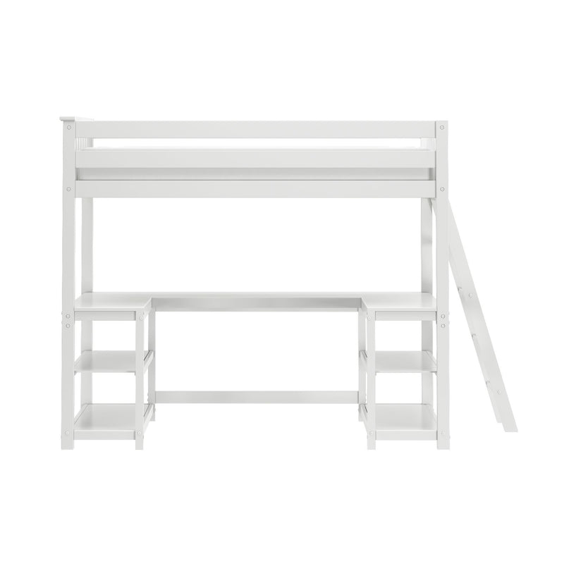 White loft bed with built-in desk and open shelves, right-side ladder, space-saving kids bedroom furniture
