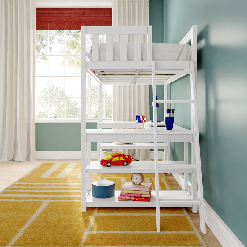 White wooden loft bunk bed with ladder and built-in desk in a bright children's bedroom with teal walls, yellow geometric rug, large window, toy car and books