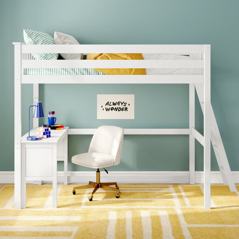 White children's loft bed with built-in desk and swivel chair, teal accent wall, striped bedding, yellow throw and geometric yellow rug