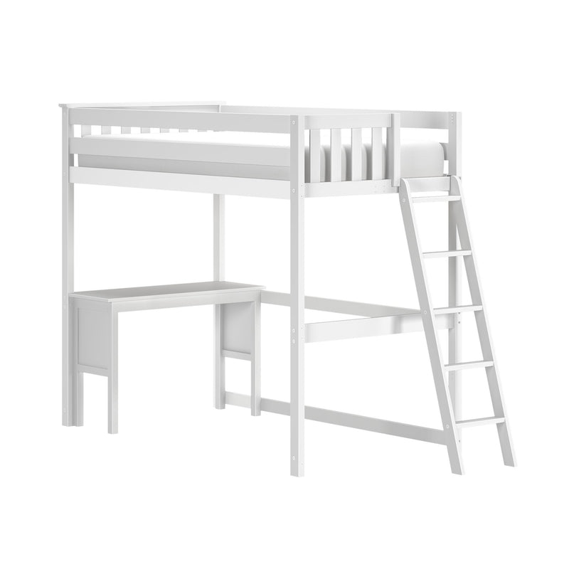 White wooden twin loft bed with angled ladder, built-in desk and storage shelves, space-saving kids bedroom furniture