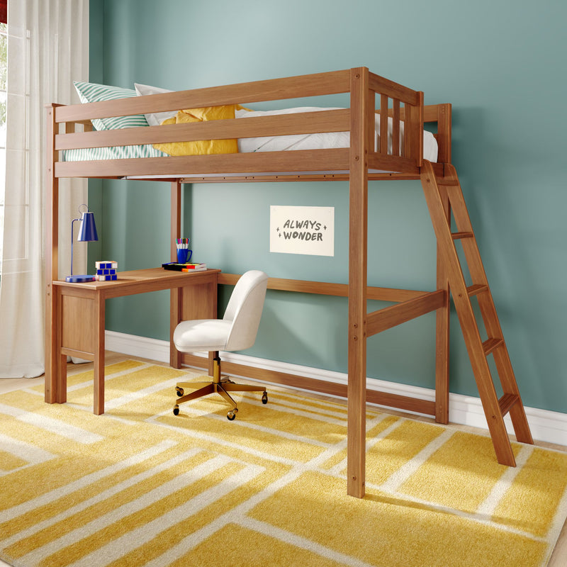 Wooden kids loft bed with built-in desk and ladder in child's bedroom, white swivel chair, teal accent wall and yellow geometric rug