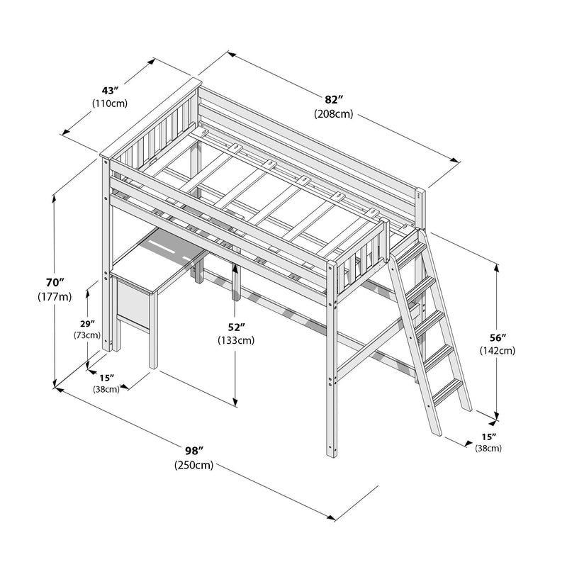 Dimensioned isometric diagram of a wooden twin loft bed with built-in desk and angled ladder, labeled dimensions 98" x 43" x 70" (250 x 110 x 177 cm) and 52" (133 cm) under-bed clearance.