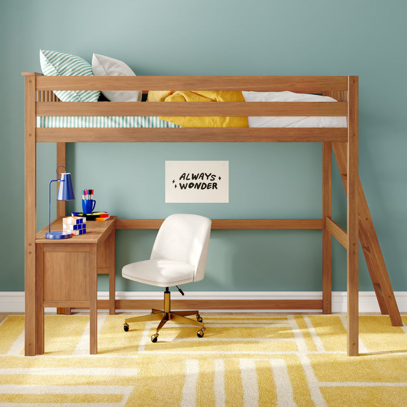 Wooden loft bed with built-in desk and white swivel chair in modern kids bedroom study nook with teal wall, yellow striped rug, desk lamp and "Always Wonder" poster