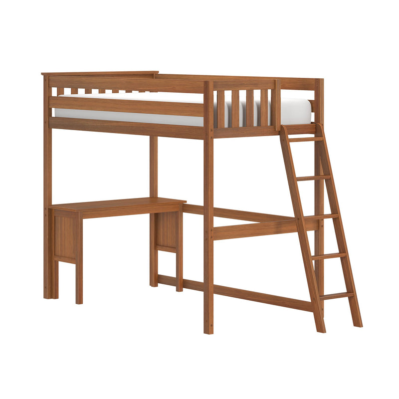 Loft bed with ladder and integrated desk, wooden oak finish — space-saving bedroom furniture for kids and teens