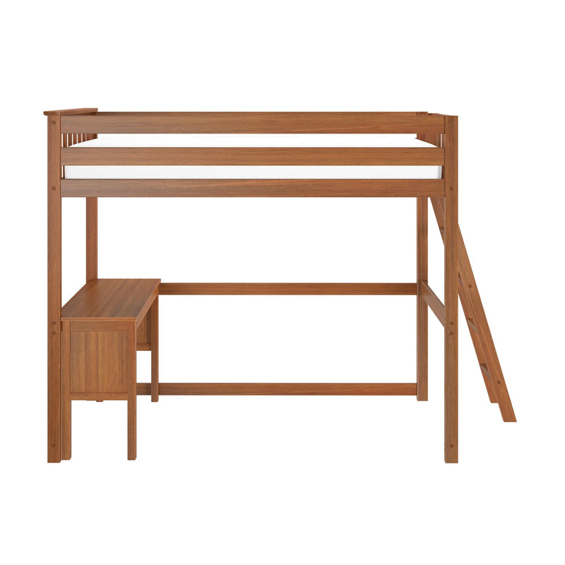 Space-saving wooden loft bed with ladder and integrated desk, twin single bed frame in warm walnut finish for small bedrooms
