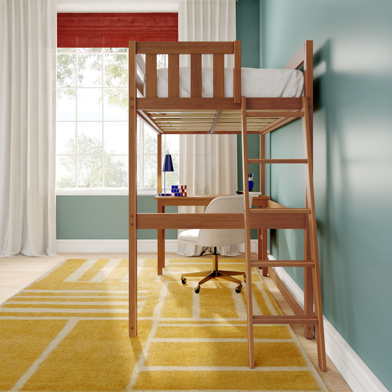 Wooden loft bed with ladder and built-in study desk in a bright kids bedroom with teal walls, large window, white curtains and yellow geometric rug