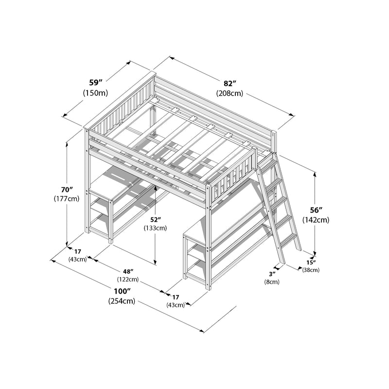Loft twin bed with built-in desk, storage shelves and angled ladder — technical diagram with dimensions 82×59×70 in (208×150×177 cm) and 100 in (254 cm) total footprint.