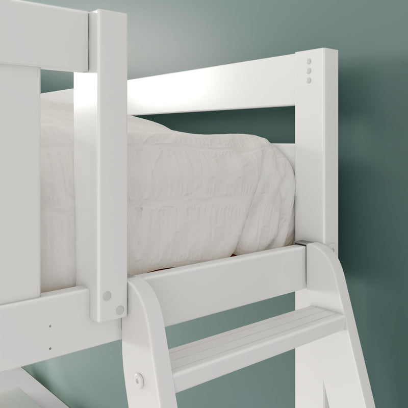 White wooden loft bed with ladder and safety rail, white bedding against teal wall — modern space-saving kids bunk bed