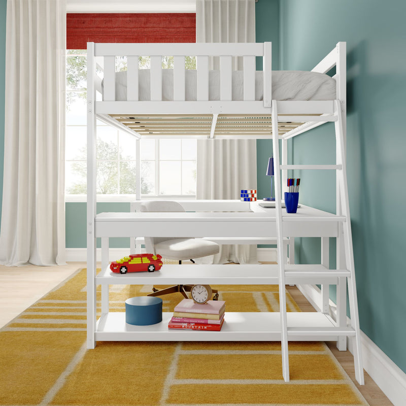 White loft bed with built-in desk, ladder and lower shelves in a modern kids' bedroom with teal wall, yellow rug, toy car, books and study lamp by a window