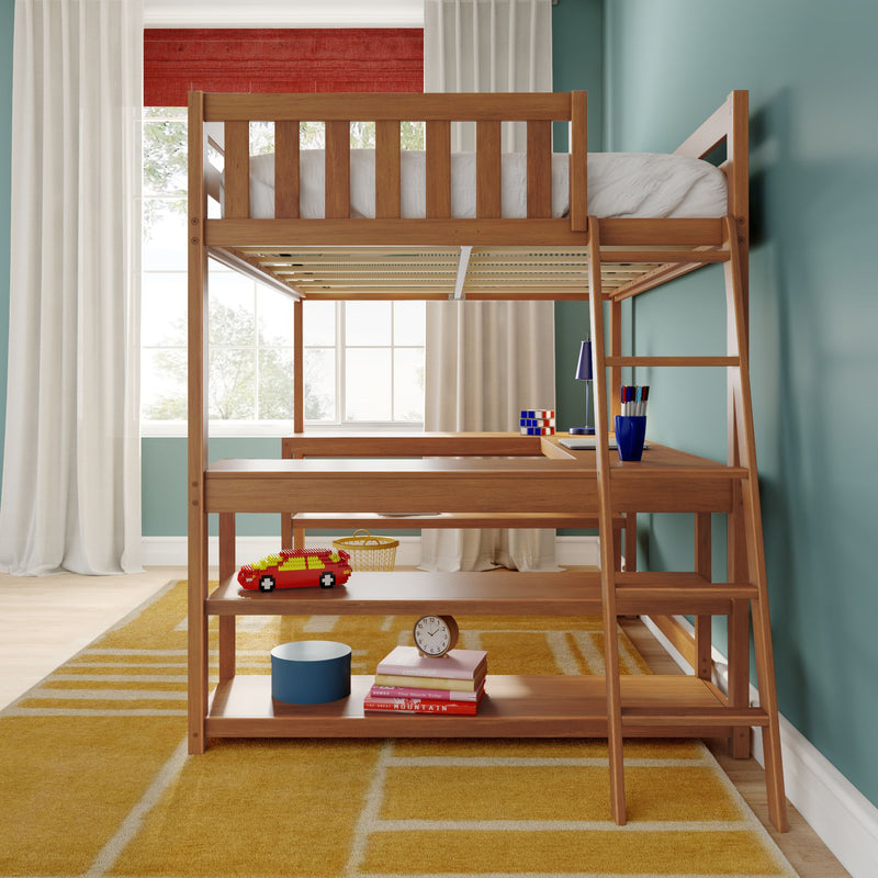 Wooden loft bed with built-in desk, teal bedroom walls, yellow rug, toy car and desk lamp by a window with curtains