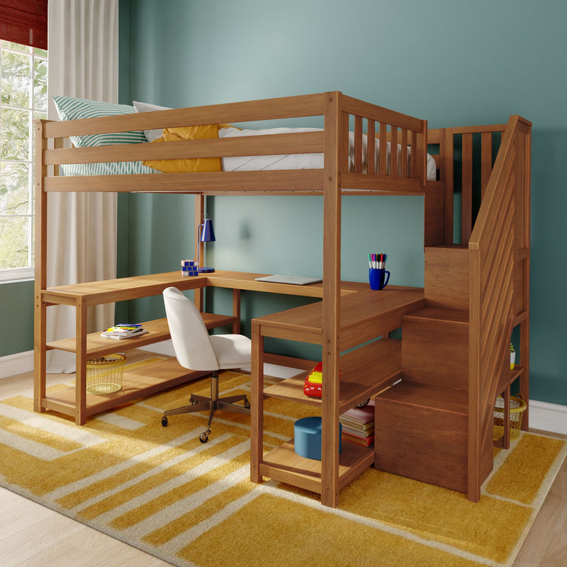 Modern solid wood loft bed with built-in L-shaped desk and staircase storage in a children's teal bedroom with yellow striped rug