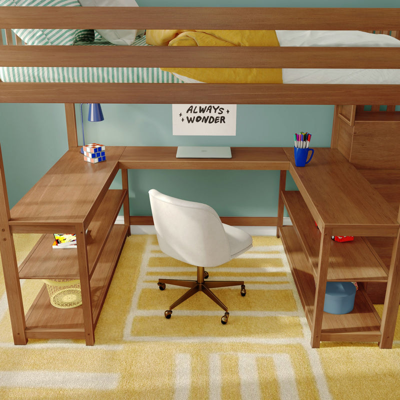 Kids loft bed with built-in wooden desk and study nook, green-striped bedding and yellow blanket, laptop, Rubik's cube, pen cup, white swivel chair and "Always Wonder" poster on teal wall