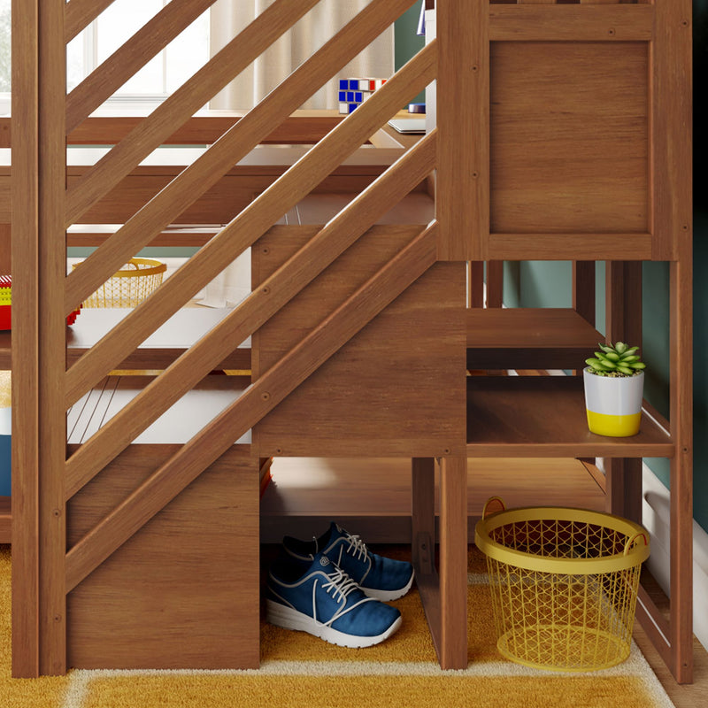 Wooden loft bed with diagonal slats and built-in storage shelves, yellow wire basket, blue sneakers, succulent and Rubik's Cube in a kids' bedroom