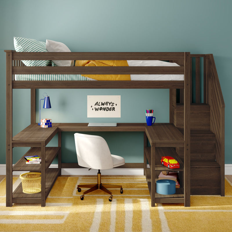 Modern wooden loft bed with built-in desk and storage shelves in kids bedroom — teal accent wall, striped pillow, yellow blanket, white swivel chair and blue desk lamp