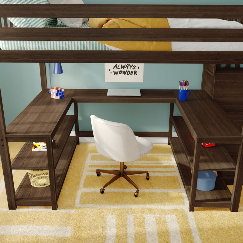 Wooden loft bed with built-in desk study nook, white swivel chair, laptop, blue lamp, marker cup, Rubik's Cube, yellow rug and teal-striped bedding