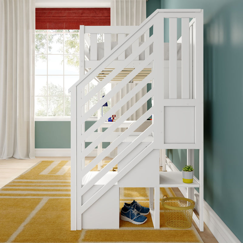 Modern white wooden bunk bed with diagonal slatted staircase and built-in storage in a bright kids' bedroom with teal accent wall, large window, yellow striped rug, blue sneakers and potted succulent