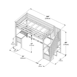Space-saving wooden elevated loft bed with built-in desk, integrated staircase and storage drawers, dimensions 100" x 79" x 69" (254 x 200 x 174 cm) with 52" (133 cm) under-bed clearance — ideal for kids' bedrooms and small apartments