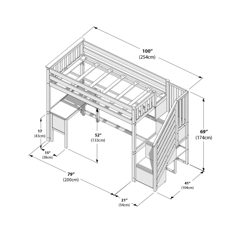 Loft bed with built-in desk and stair-storage — technical line drawing showing wooden frame, slatted guardrails, ladder and measurements 100″ (254 cm) length, 79″ (200 cm) depth, 69″ (174 cm) height