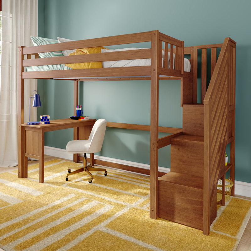 Wooden loft bed with built-in desk and stairs in children's room, teal wall, yellow geometric rug and study lamp